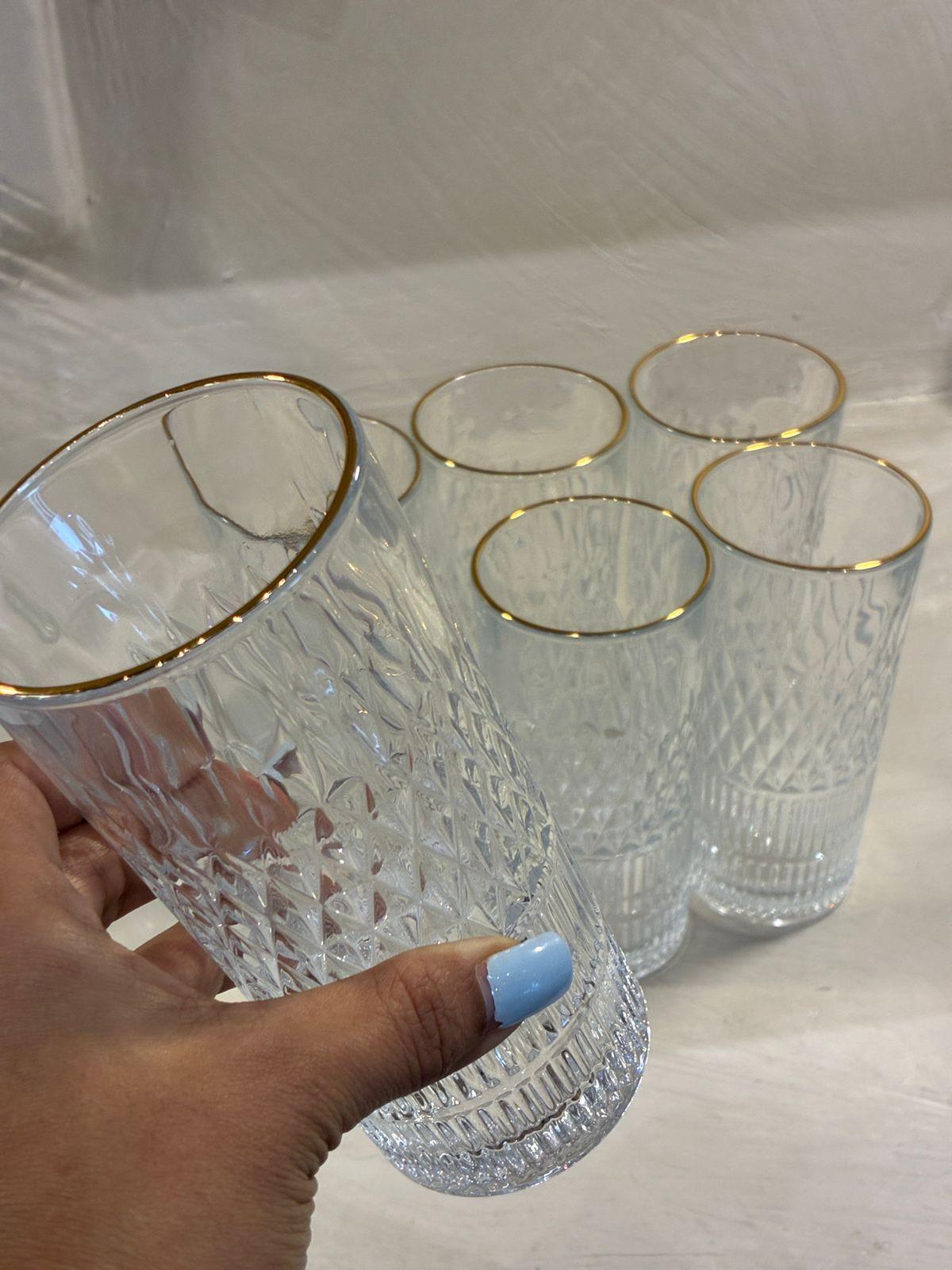 Pack 6 Vasos Premium Altos De Cristal Con Borde Dorado 335ml-2