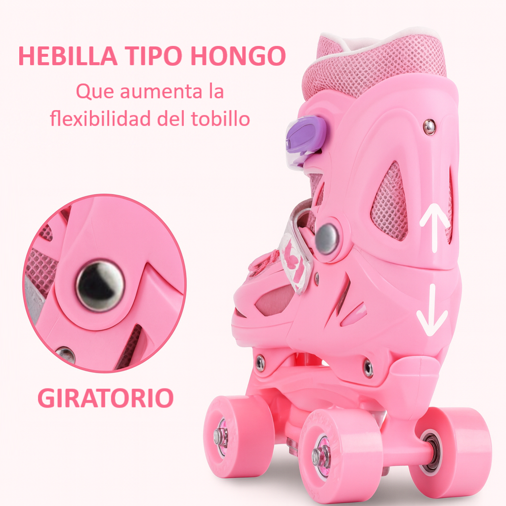 Patines 4 Rueda Rosa Ajustable Para Niña + Kit De Proteccion-6