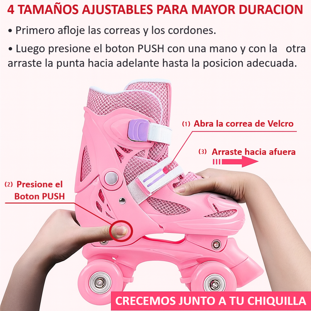 Patines 4 Rueda Rosa Ajustable Para Niña + Kit De Proteccion-7
