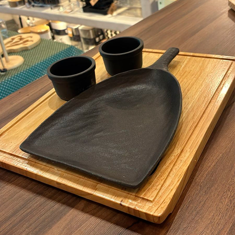 Plancha Grill De Hierro negra Con Base De Madera Vajilla Gourmet-2