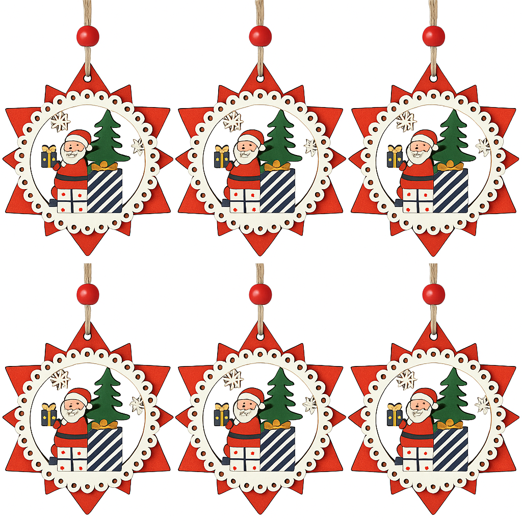 Adorno Arbol De Navidad Set 6 Estrellas De Madera Papa Noel Madera-0
