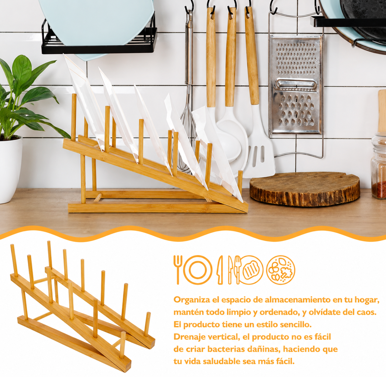 Soporte Para Platos Y Tapas De Madera Organizador De Cocina 1255-5