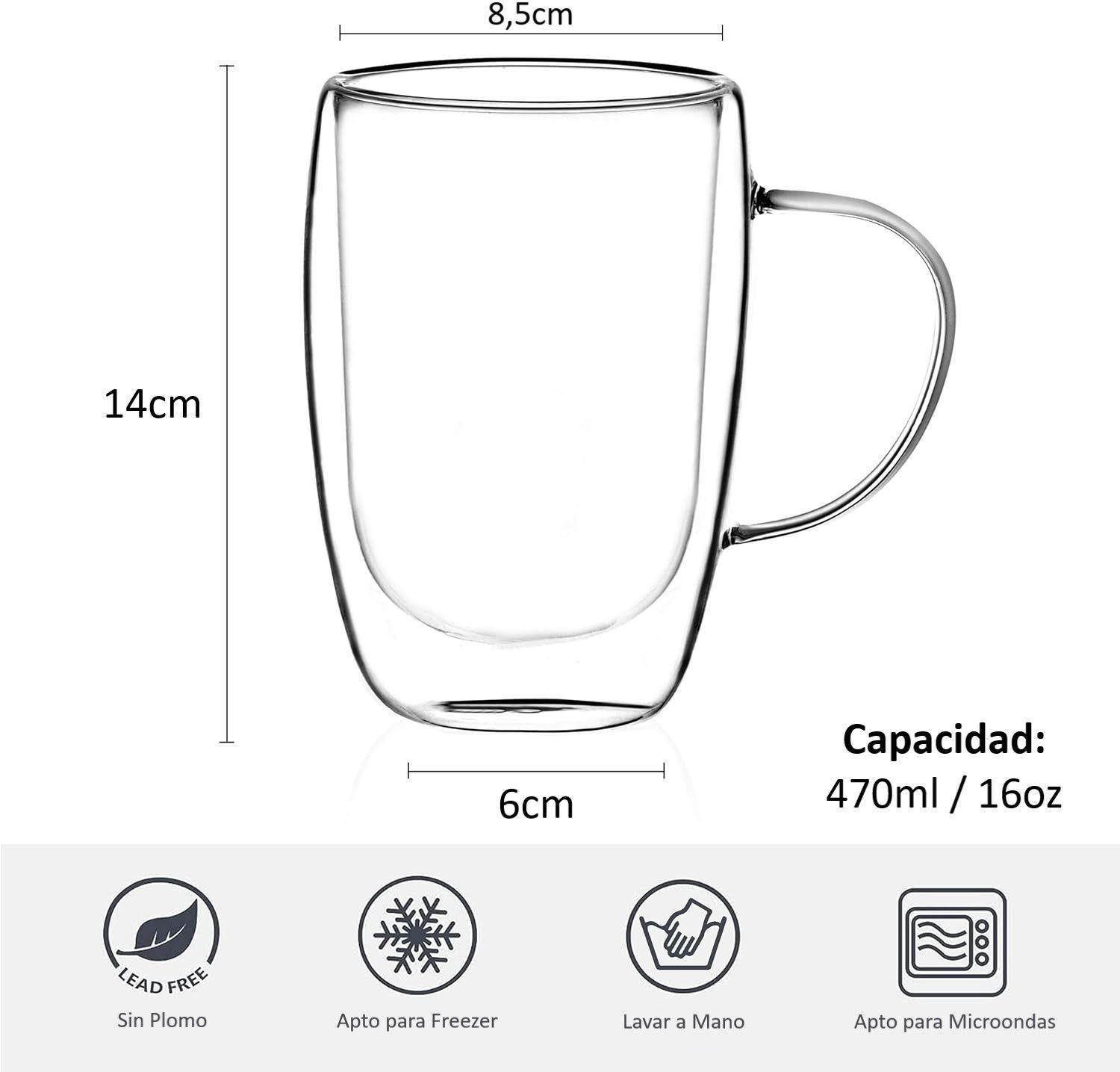 Taza De Café 16oz 470ml Doble Pared De Vidrio Vaso Mug Termico Para Bebidas Calientes-2