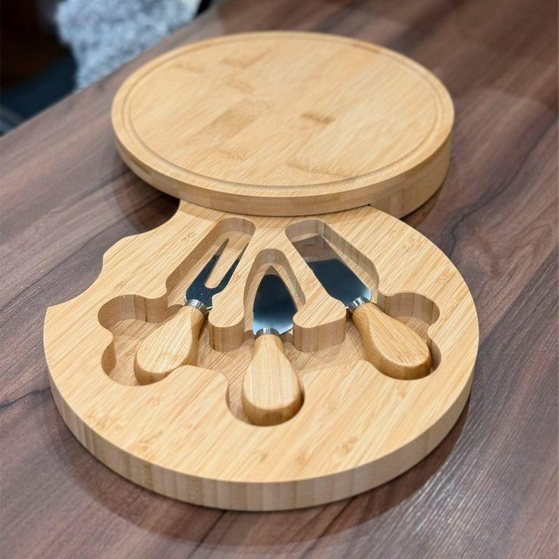 Tabla De Bambú Para Quesos Con 3 Cubiertos Acero Inoxidable Redonda-2