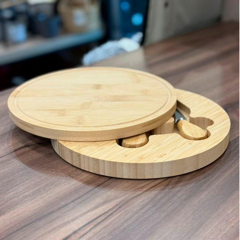 Tabla De Bambú Para Quesos Con 3 Cubiertos Acero Inoxidable Redonda-5