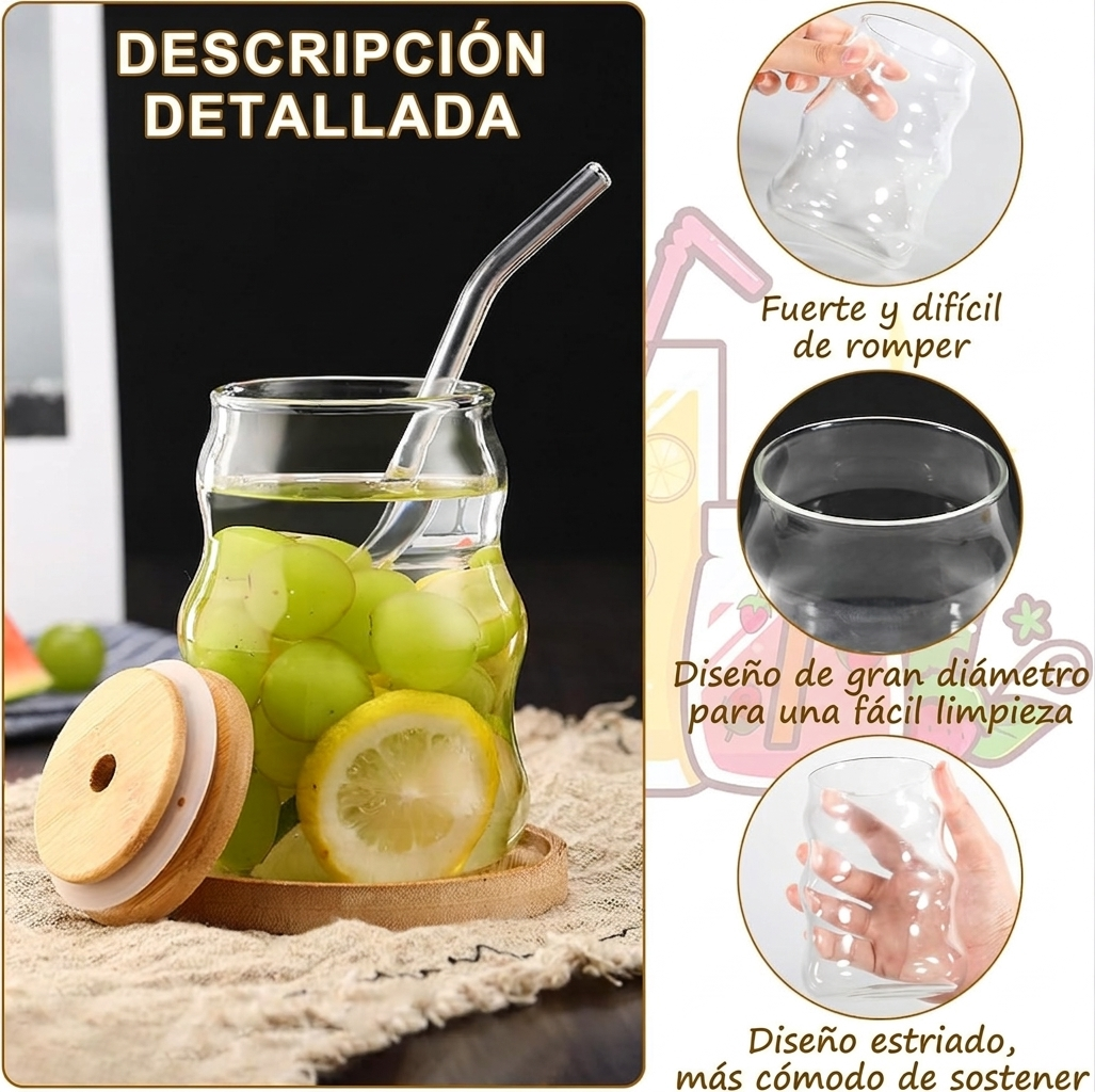 Vaso Lata De Vidrio Ondulado 400ml Con Tapa Bamb Y Bombilla-6