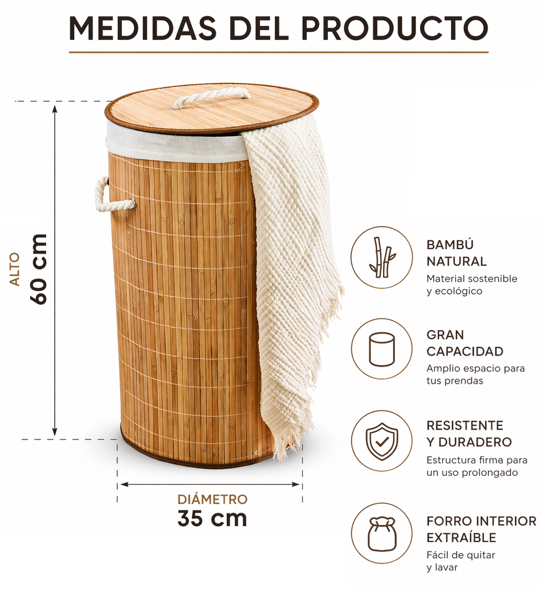 Canasto Redondo Cesto Ropa Sucia Pleglable De Bambu Con Tapa-1