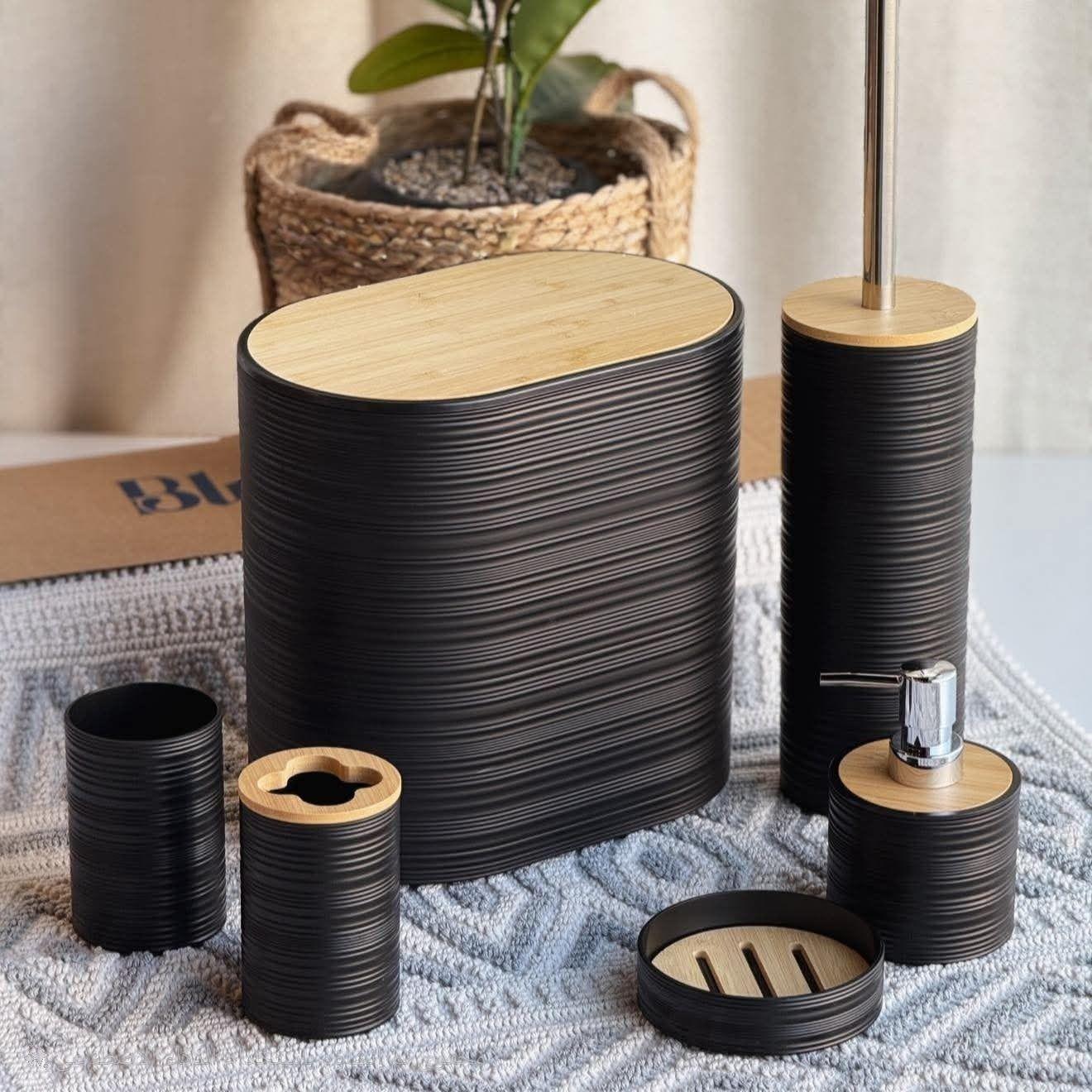 Set De 8 Accesorios Para Baño Con Tapa De Bambu Papelera Wc WakesHome-4