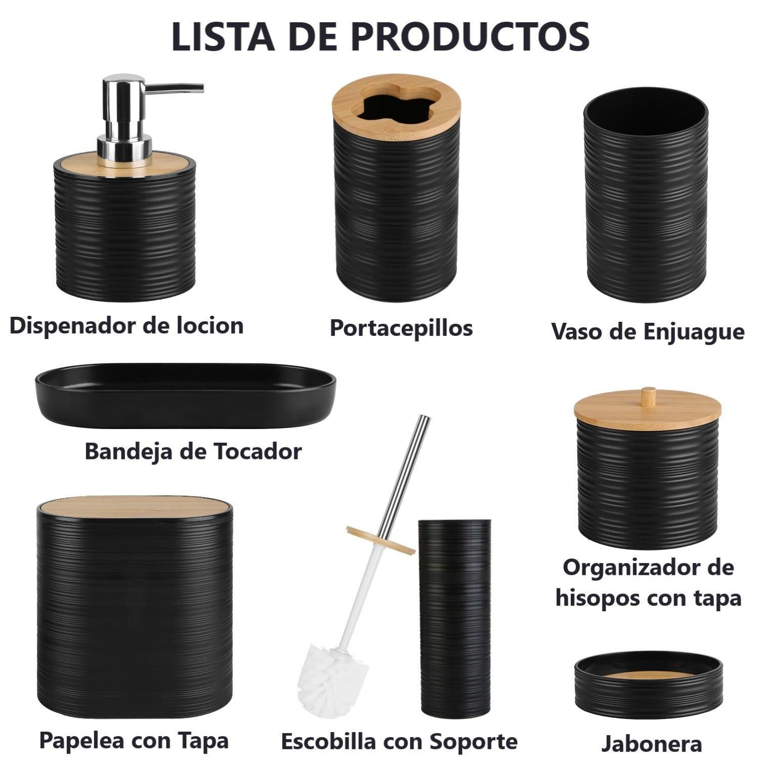 Set De 8 Accesorios Para Baño Con Tapa De Bambu Papelera Wc WakesHome-7