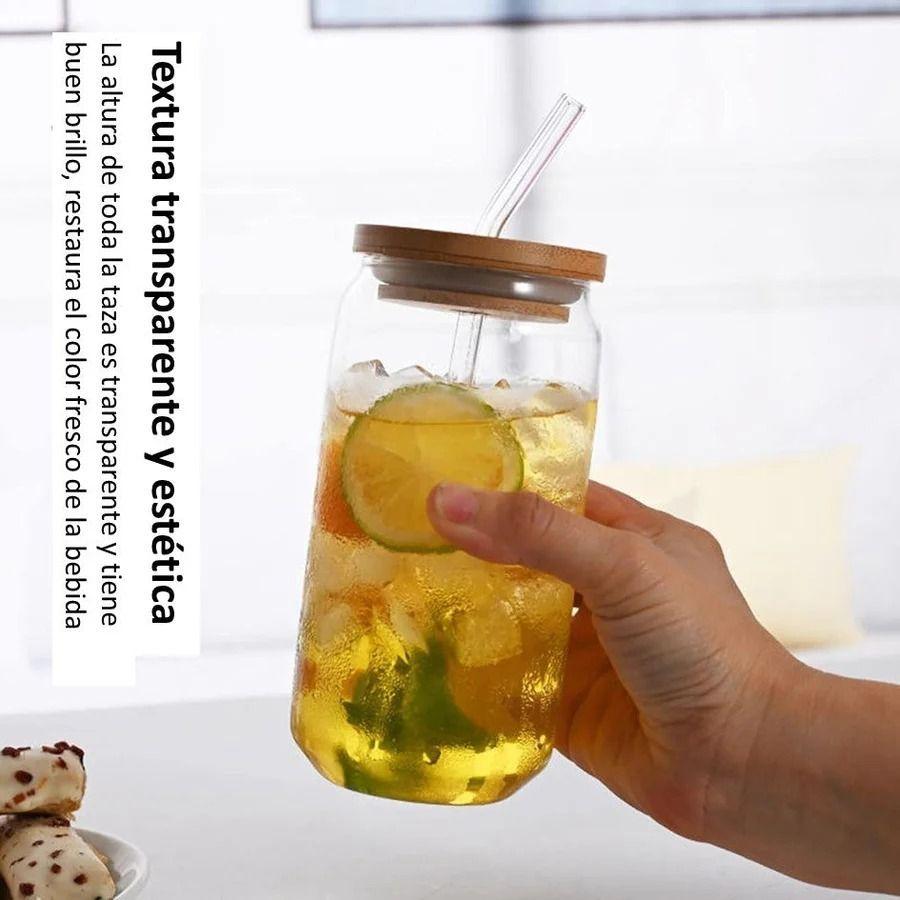 Vaso de Vidrio Con Tapa De Bambú Y Bombilla 550ml -3