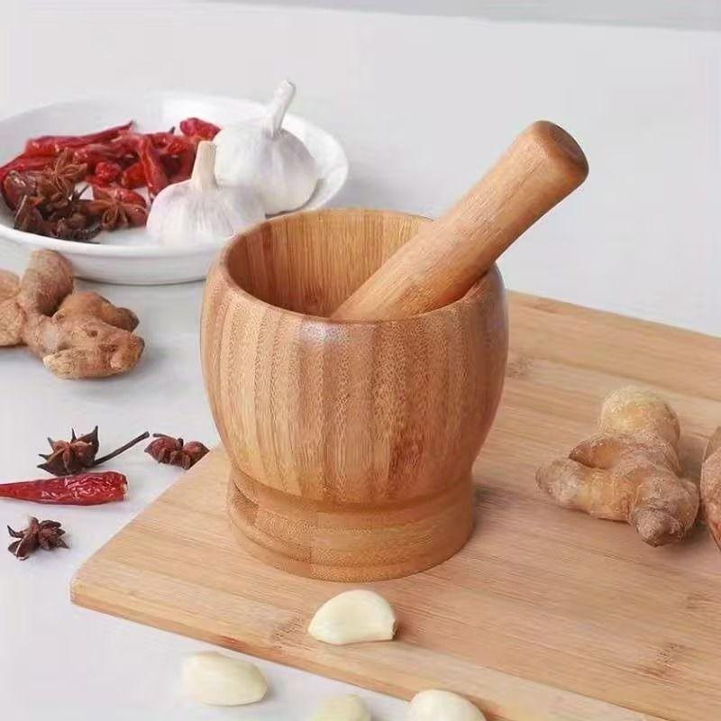 Mortero De Bambú Molinillo Manual Especias Ajo Madera-3