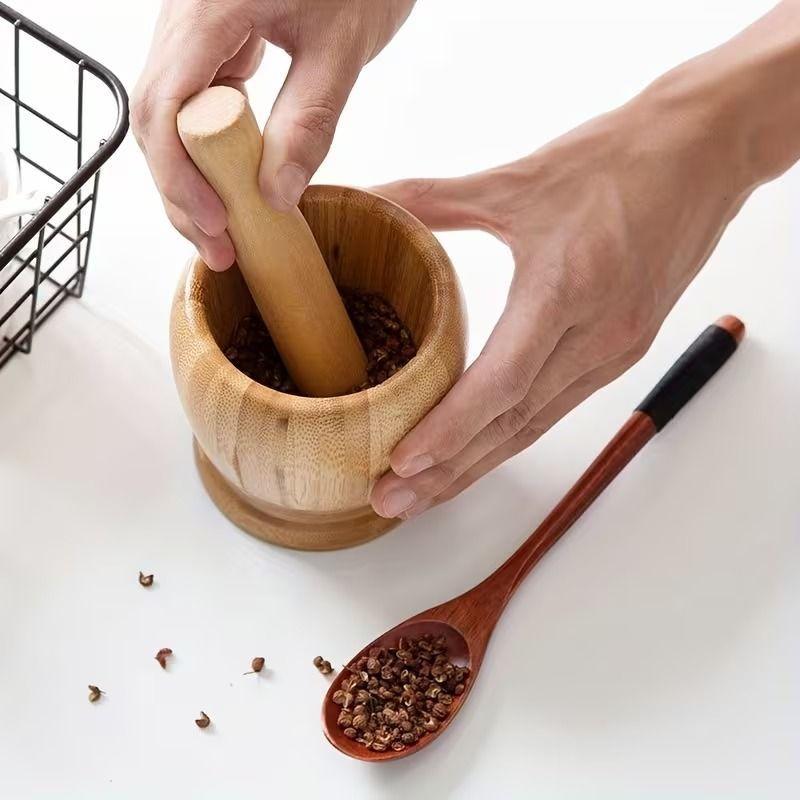 Mortero De Bambú Molinillo Manual Especias Ajo Madera-4