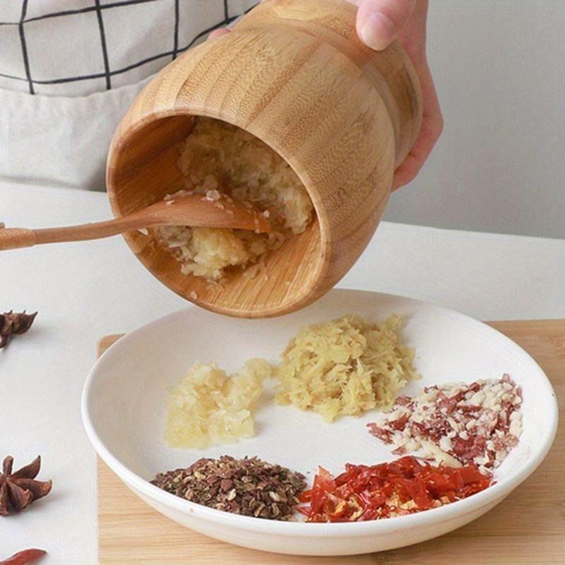 Mortero De Bambú Molinillo Manual Especias Ajo Madera-5