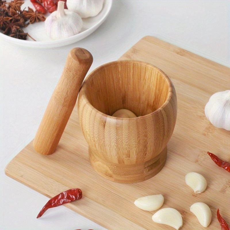 Mortero De Bambú Molinillo Manual Especias Ajo Madera-6