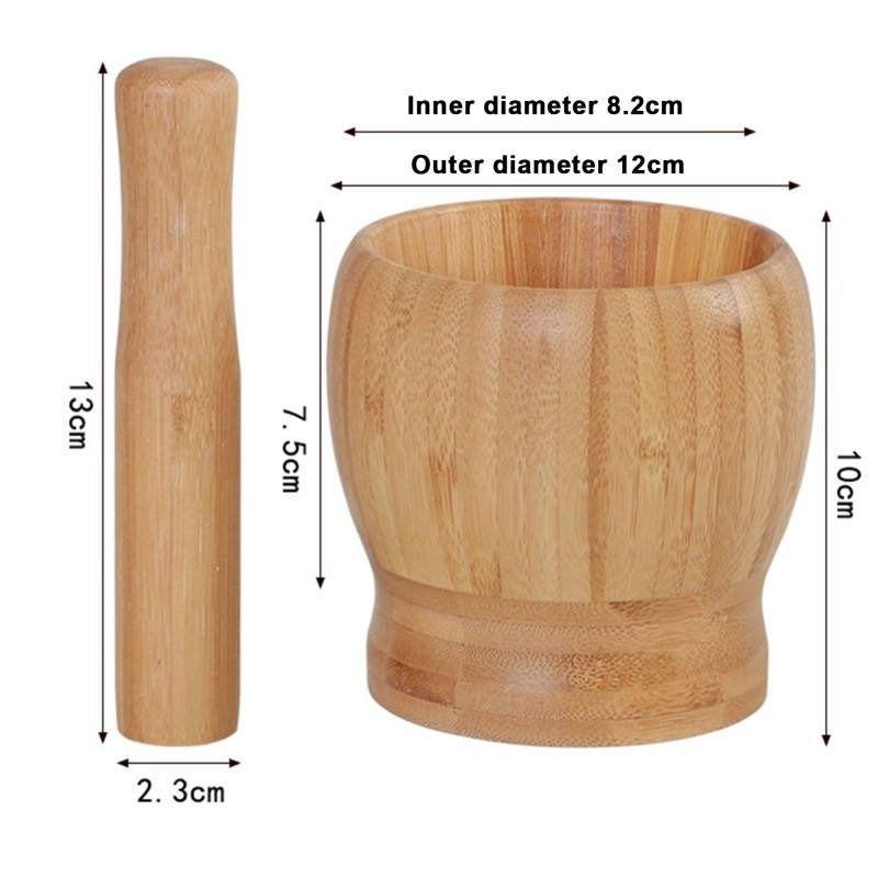 Mortero De Bambú Molinillo Manual Especias Ajo Madera-7