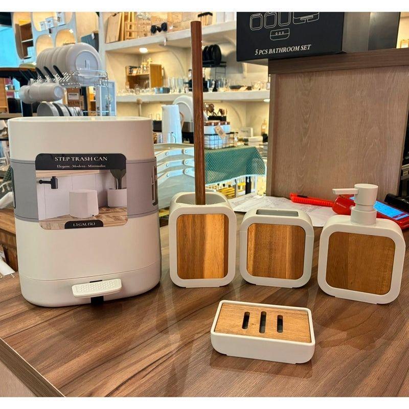 Set De 5 Accesorios Para Ba o Con Tapa De Bambu Papelera Wc-1