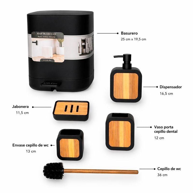 Set De 5 Accesorios Para Ba o Con Tapa De Bambu Papelera Wc-2