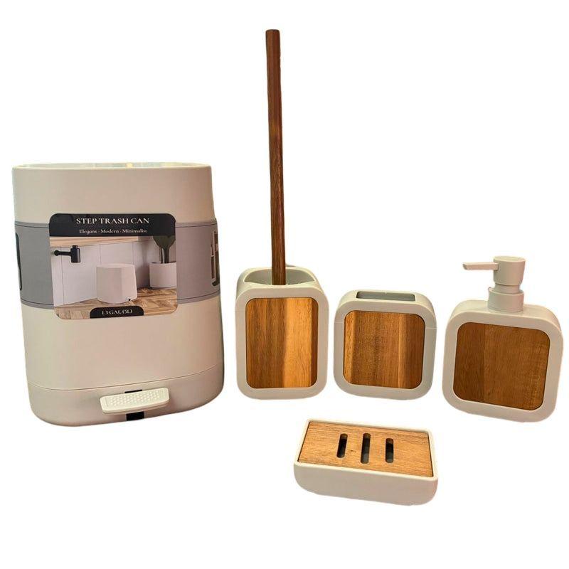 Set De 5 Accesorios Para Ba o Con Tapa De Bambu Papelera Wc-0