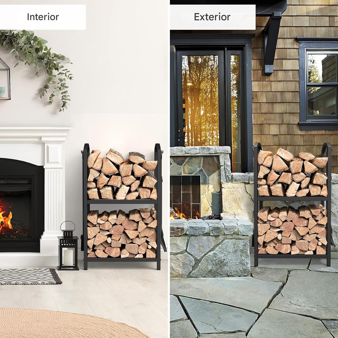 Leñero Metalico Para Chimenea Estante Leña 2nvl +4 Accesorio-2