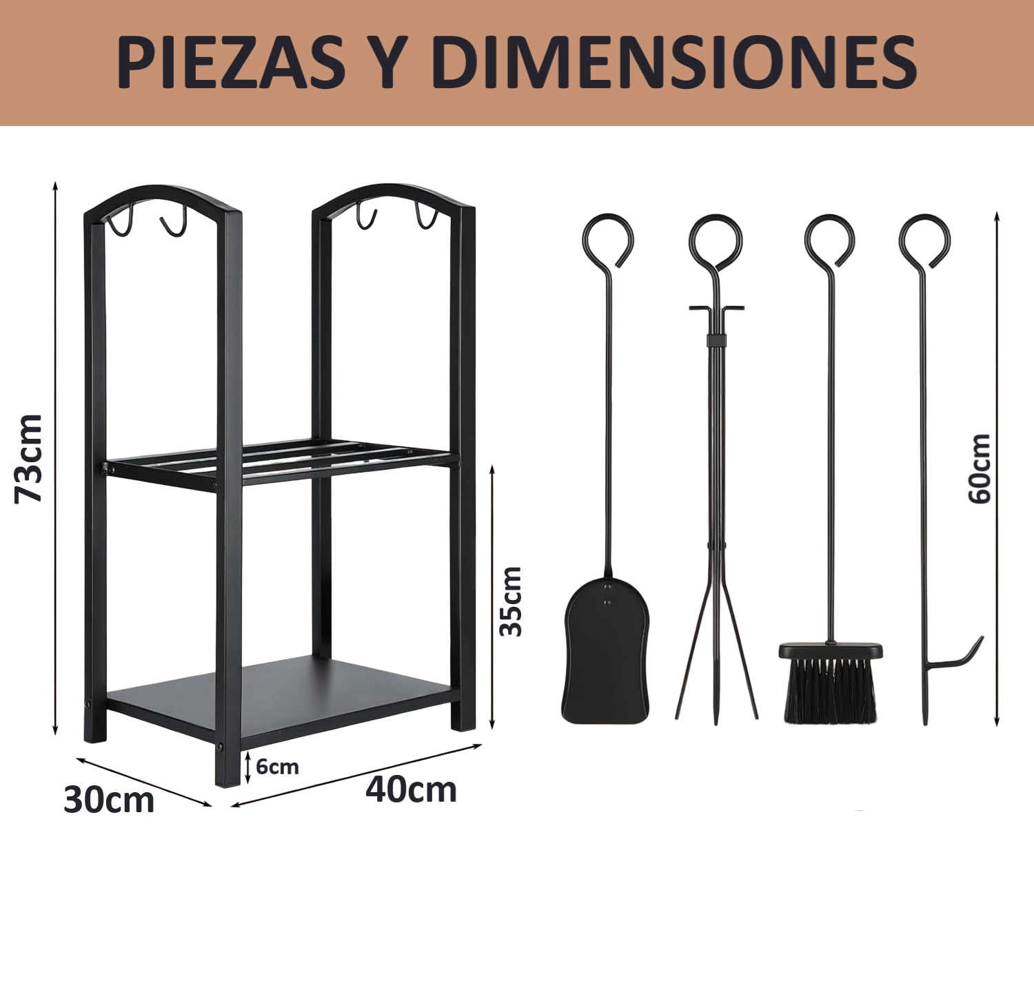 Leñero Metalico Para Chimenea Estante Leña 2nvl +4 Accesorio-5