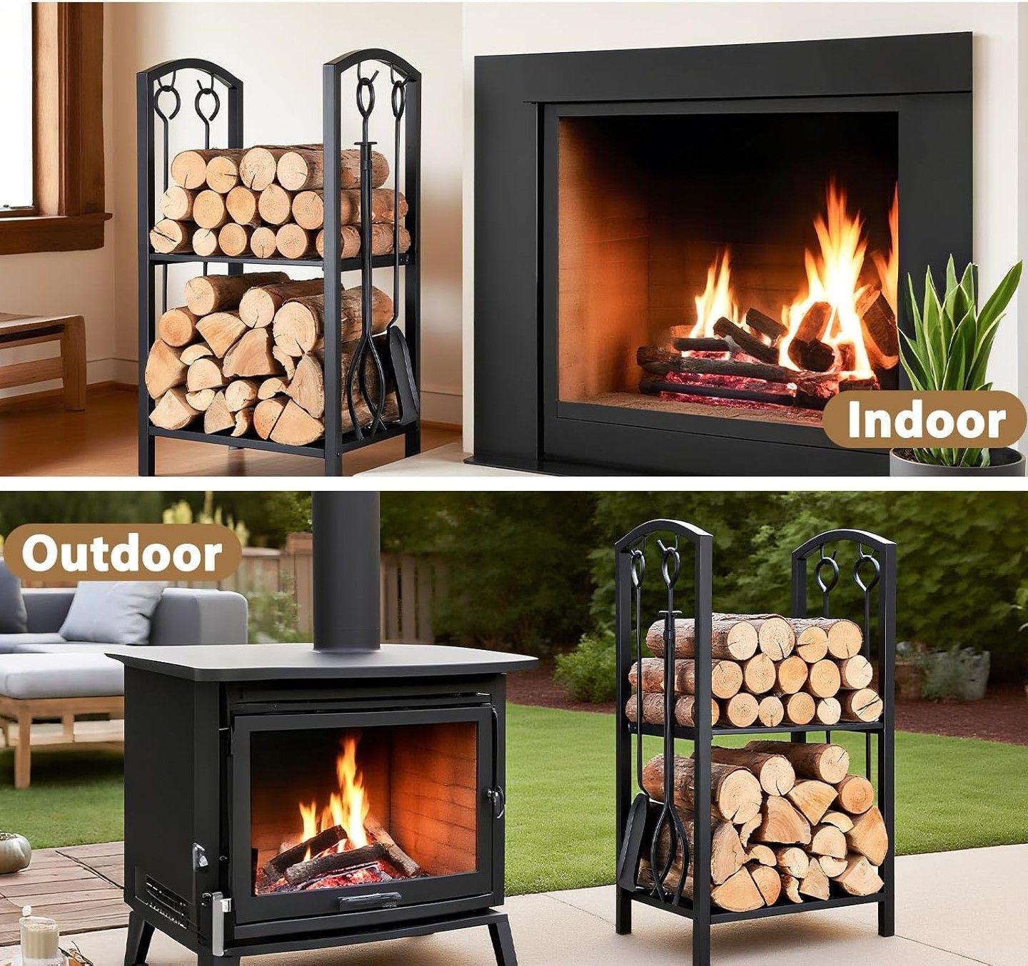 Leñero Metalico Para Chimenea Estante Leña 2nvl +4 Accesorio-6