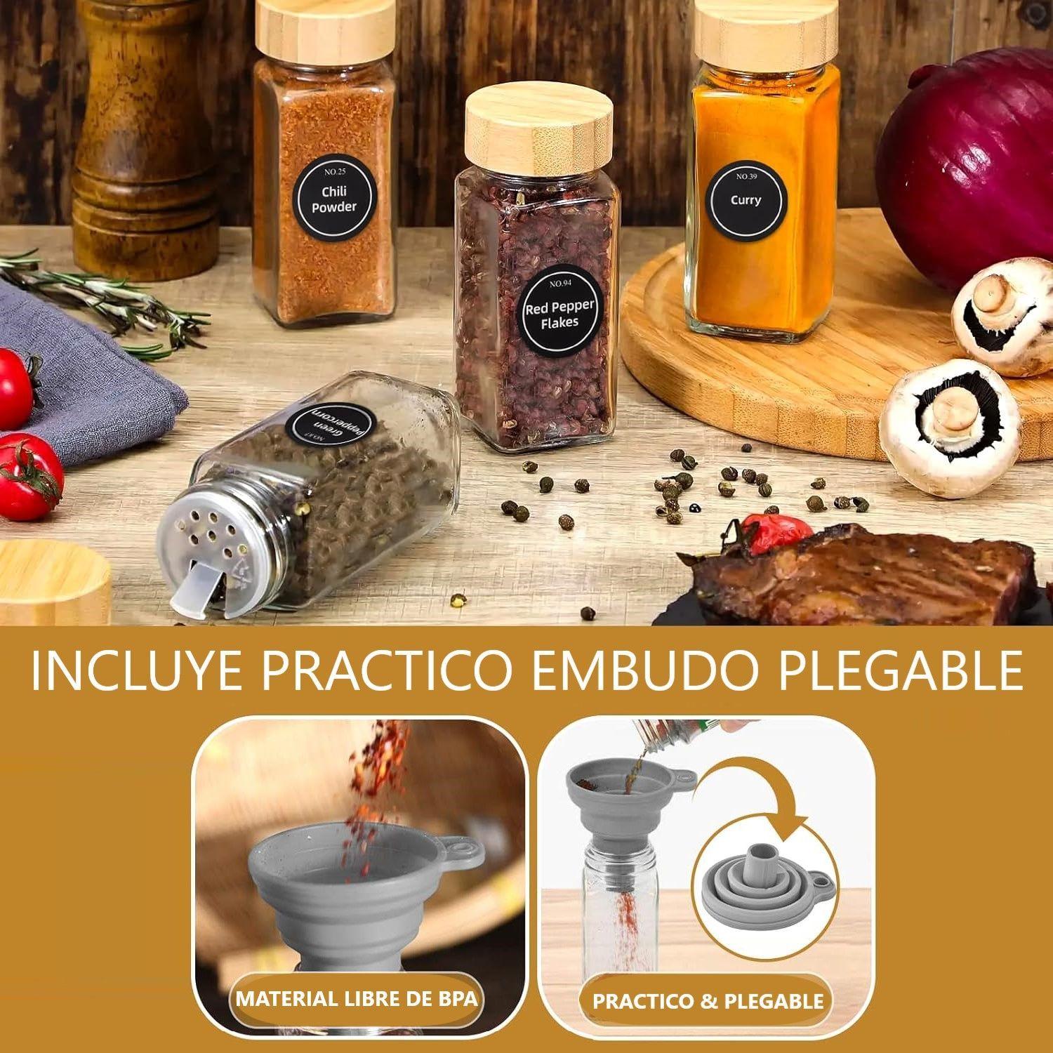 24 Condimenteros De Vidrio Con Etiquetas Adhesivas Y MARCADOR Especieros Con Tapa DE BAMBÚ-2