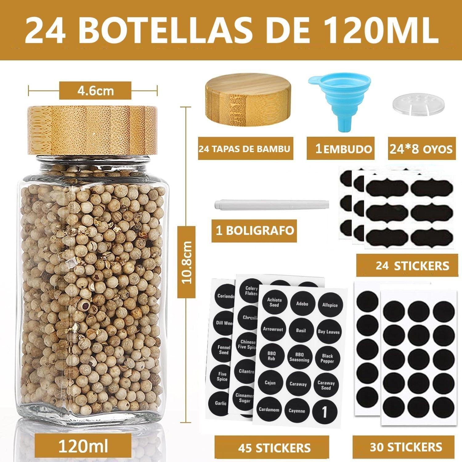 24 Condimenteros De Vidrio Con Etiquetas Adhesivas Y MARCADOR Especieros Con Tapa DE BAMBÚ-3