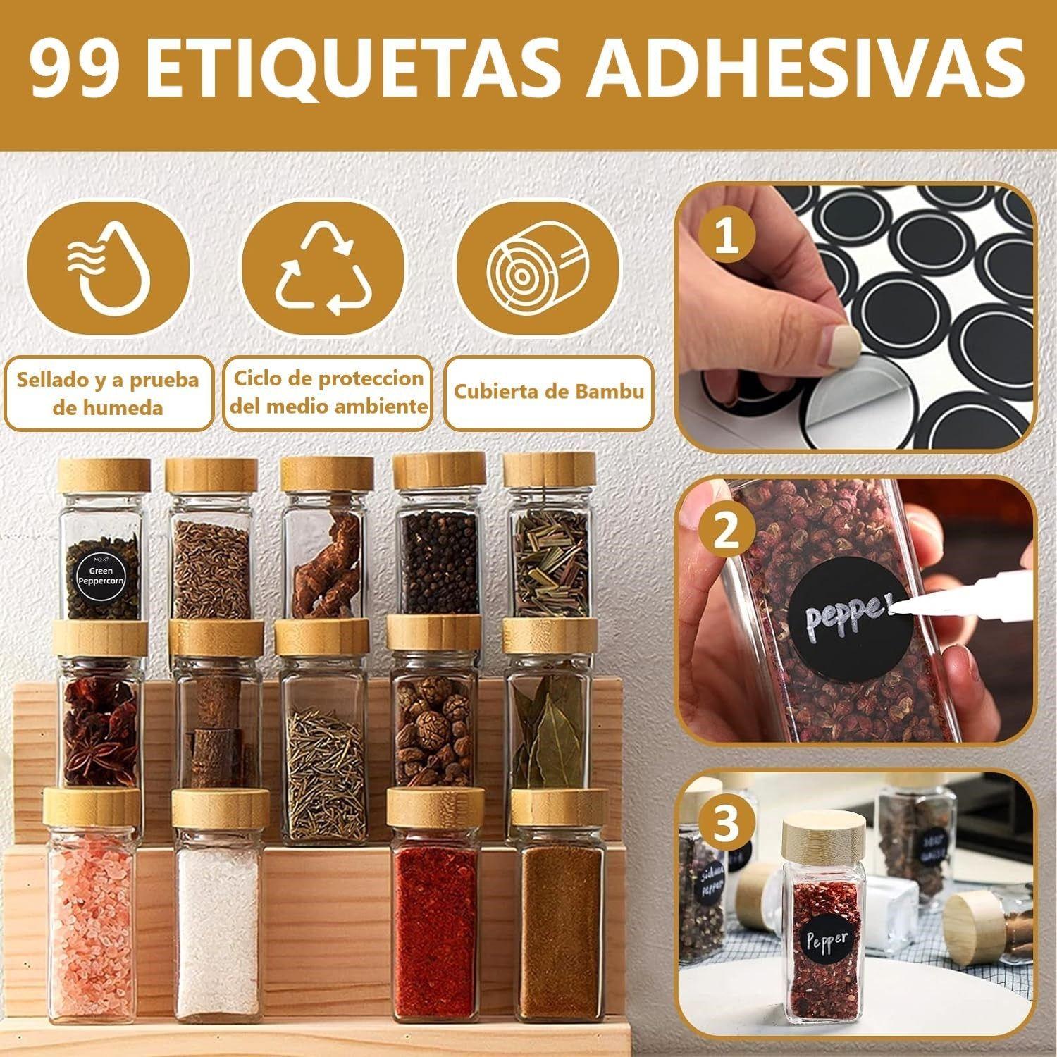 24 Condimenteros De Vidrio Con Etiquetas Adhesivas Y MARCADOR Especieros Con Tapa DE BAMBÚ-4