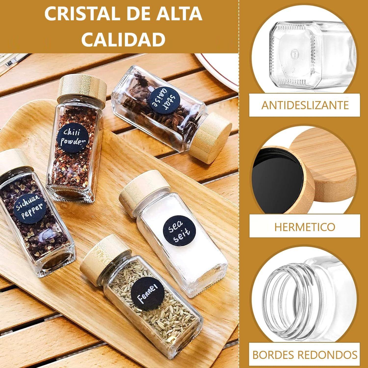 24 Condimenteros De Vidrio Con Etiquetas Adhesivas Y MARCADOR Especieros Con Tapa DE BAMBÚ-5