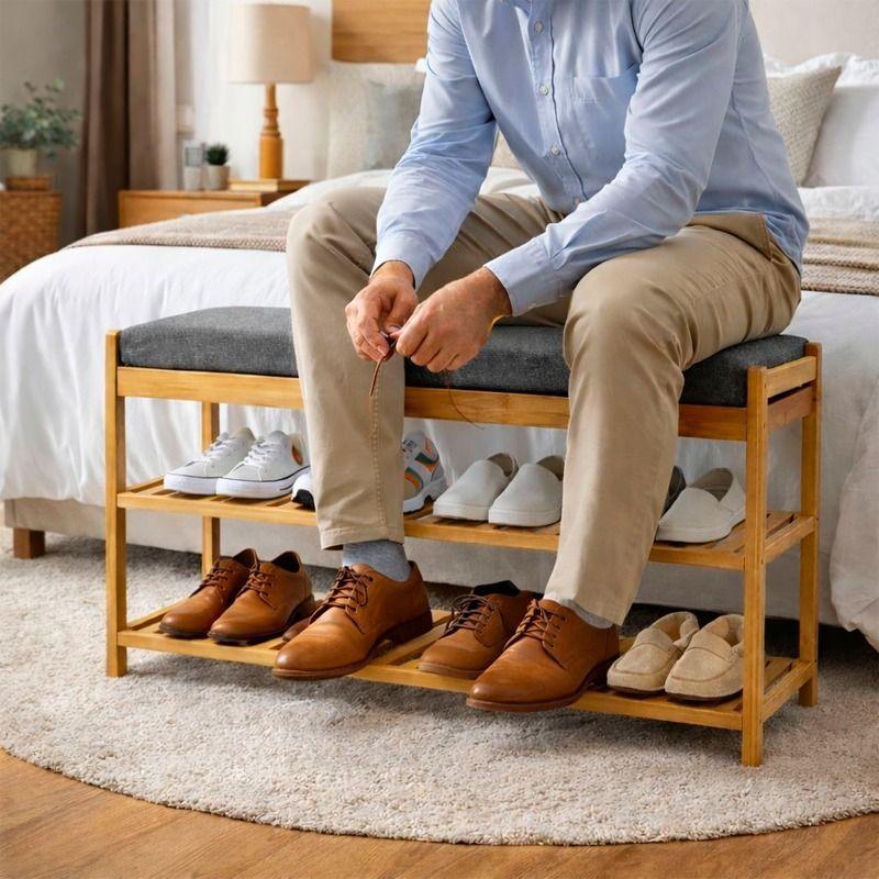 Banco Zapatero Organizador De Zapatos Bambú De 3 Niveles-2