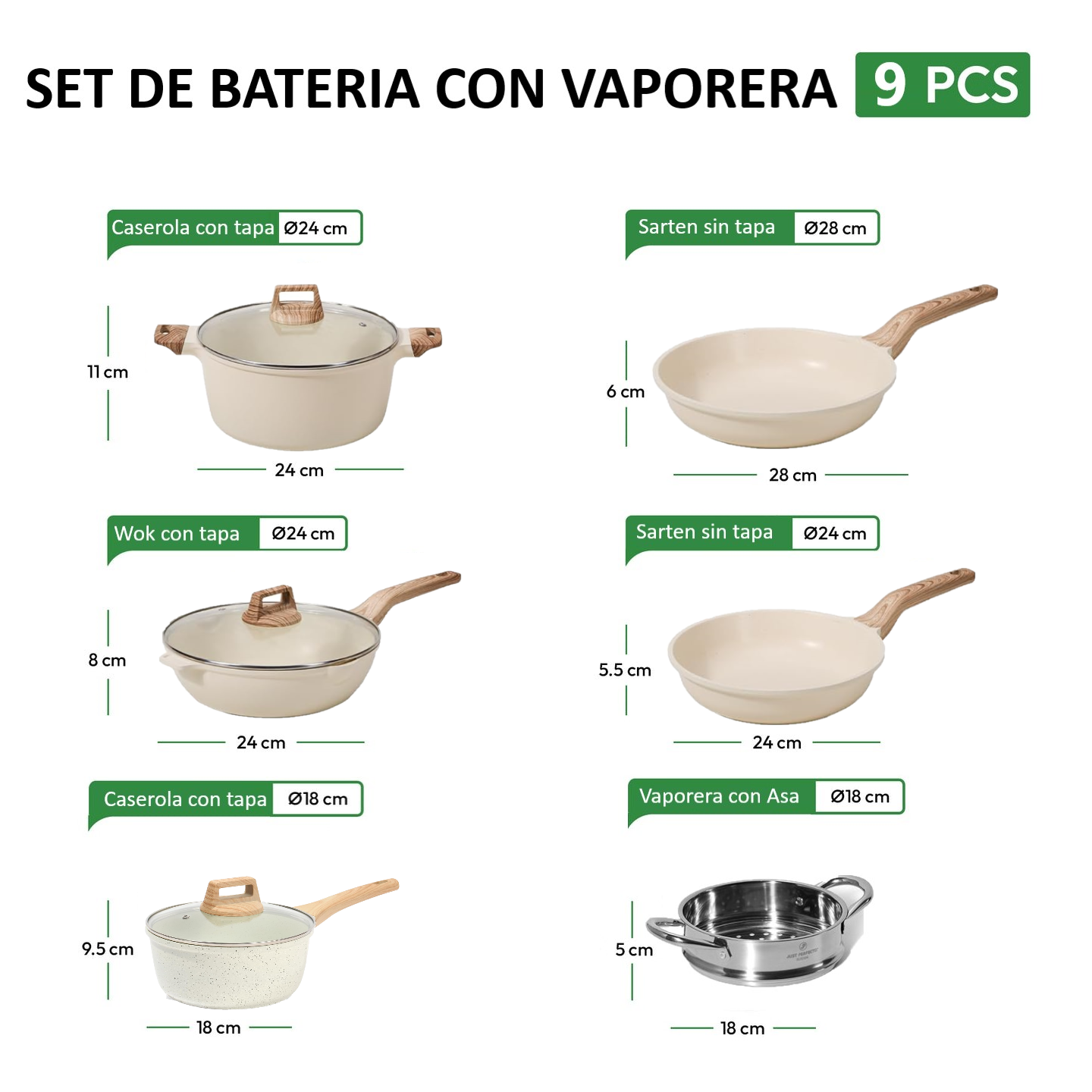 Bateria Cocina 9 Piezas Antiadherente Ceramic Profesional Ollas blanco-7
