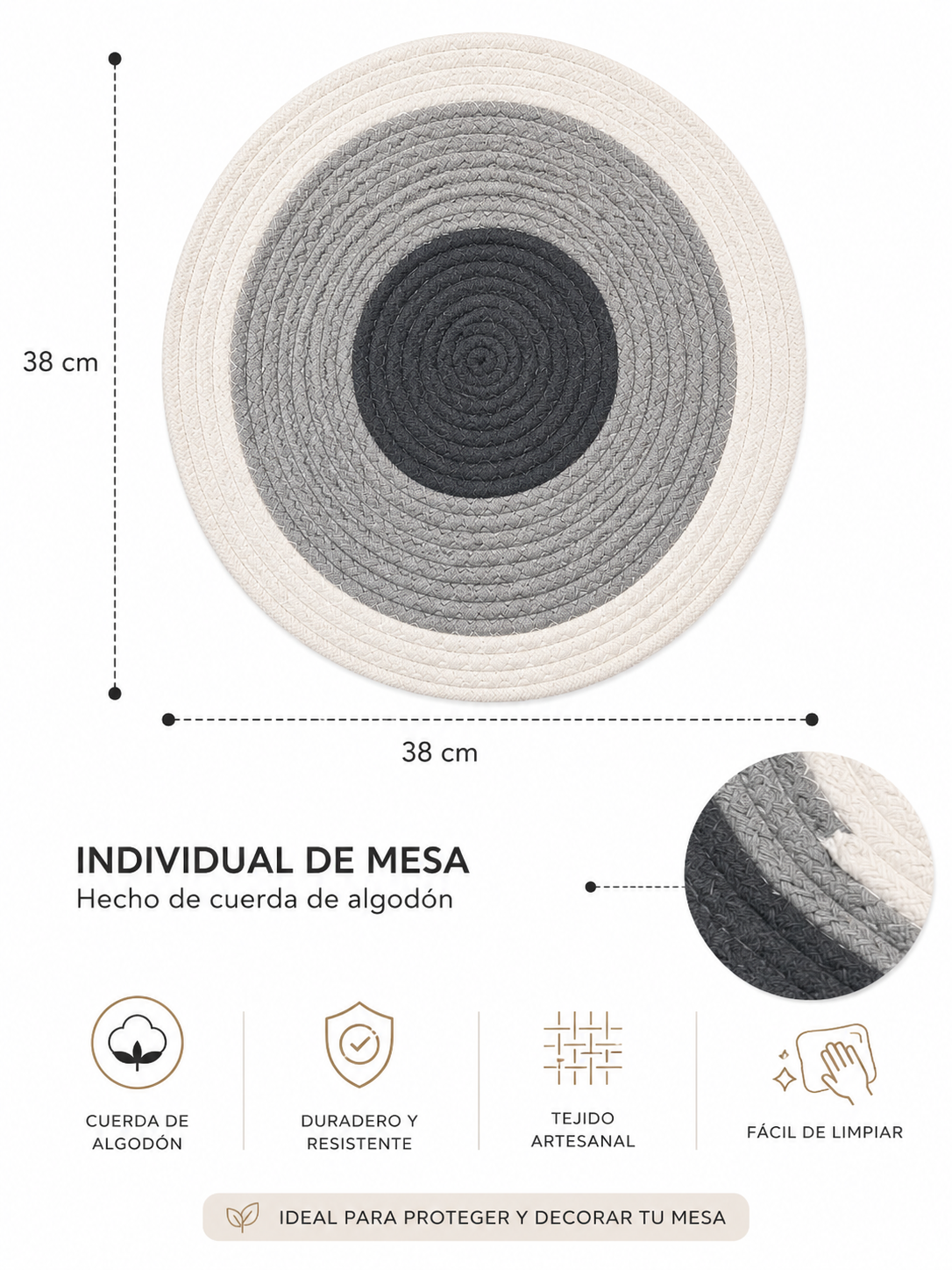 Individual De Mesa Trenzado Mantel Redondo De Algodon 38cm-4