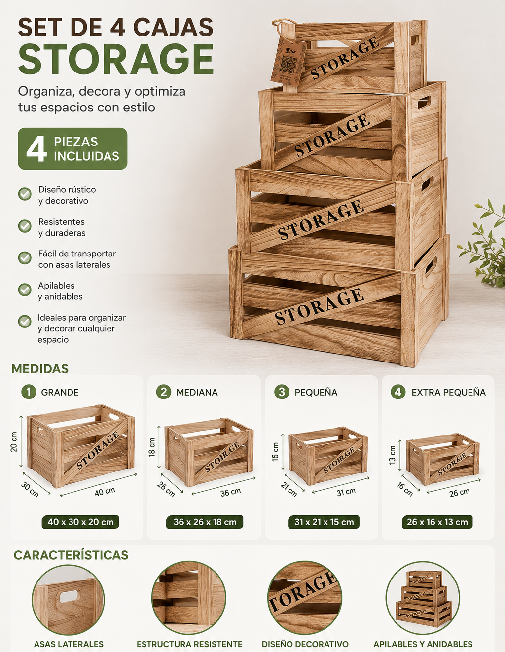 Set 4 Canastos Rusticos De Madera Organizadores Decorativos-2