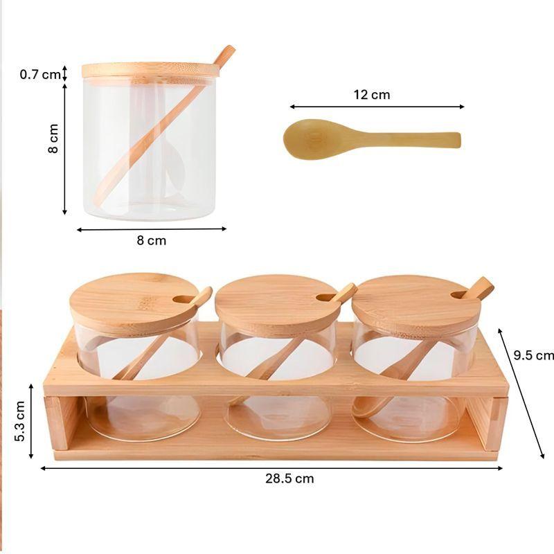 Pack 3 Frascos De Vidrio Con Tapa Bambu + Cucharas Y Soporte Bambú WakesHome-2