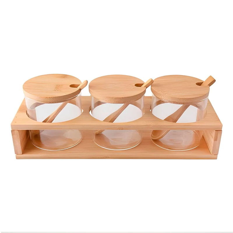 Pack 3 Frascos De Vidrio Con Tapa Bambu + Cucharas Y Soporte Bambú WakesHome-3