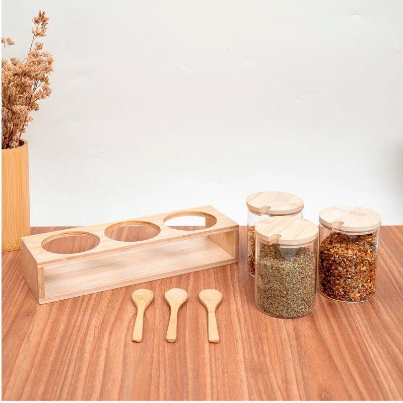 Pack 3 Frascos De Vidrio Con Tapa Bambu + Cucharas Y Soporte Bambú WakesHome-4