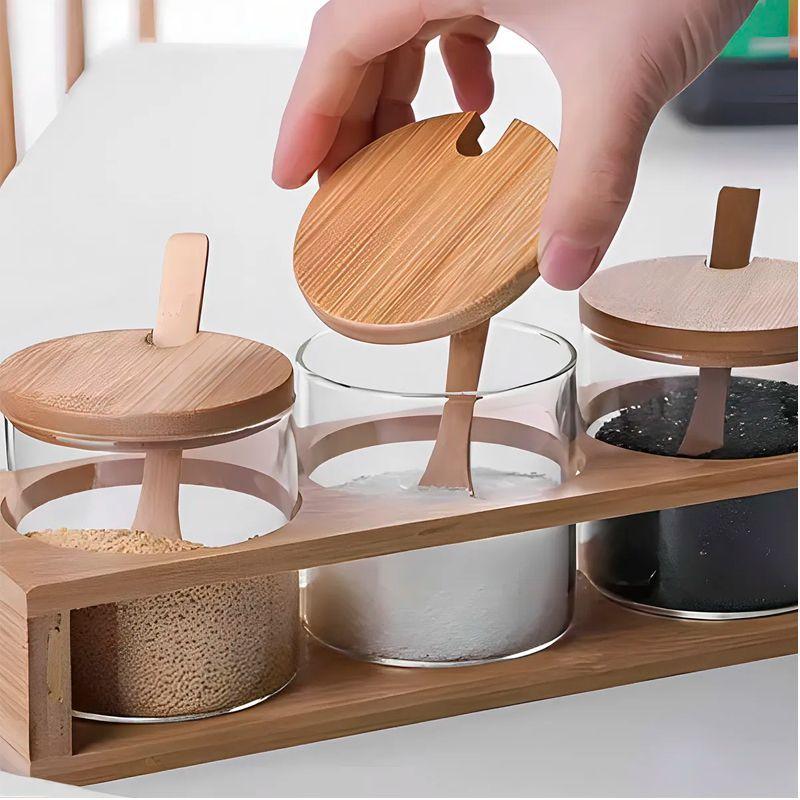 Pack 3 Frascos De Vidrio Con Tapa Bambu + Cucharas Y Soporte Bambú WakesHome-5