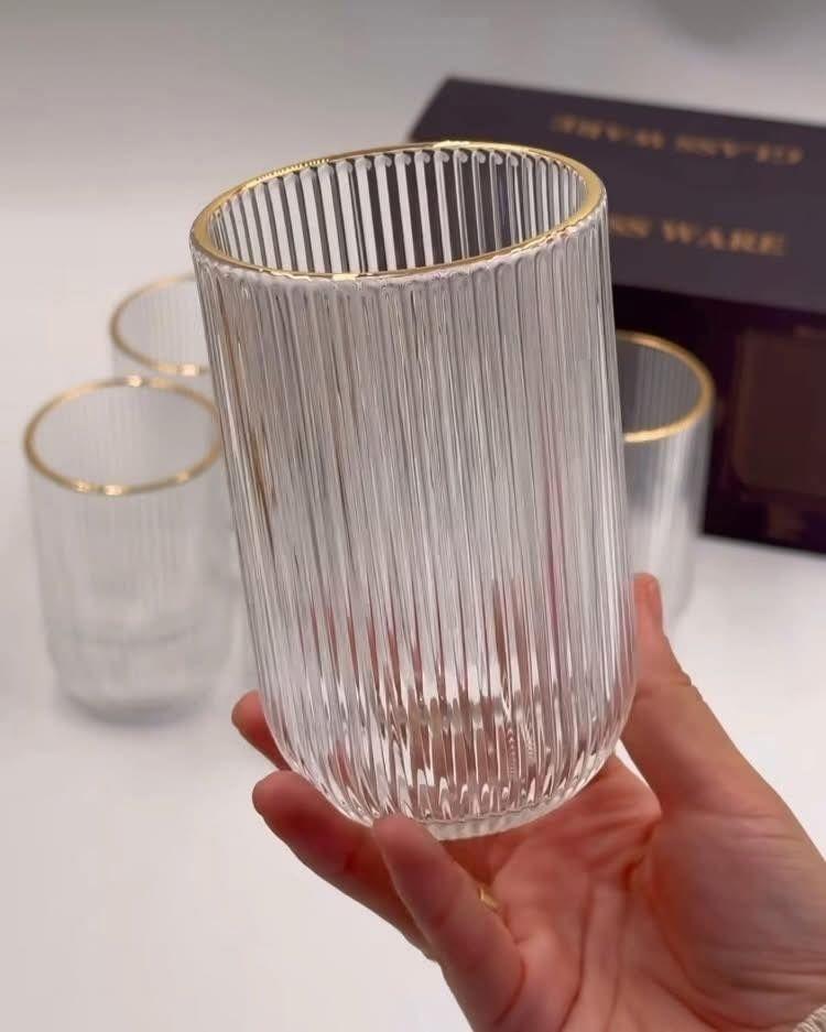 Set 6 Vasos Vidrio Borde Dorado Vaso Whisky Acanalado 390ml-2