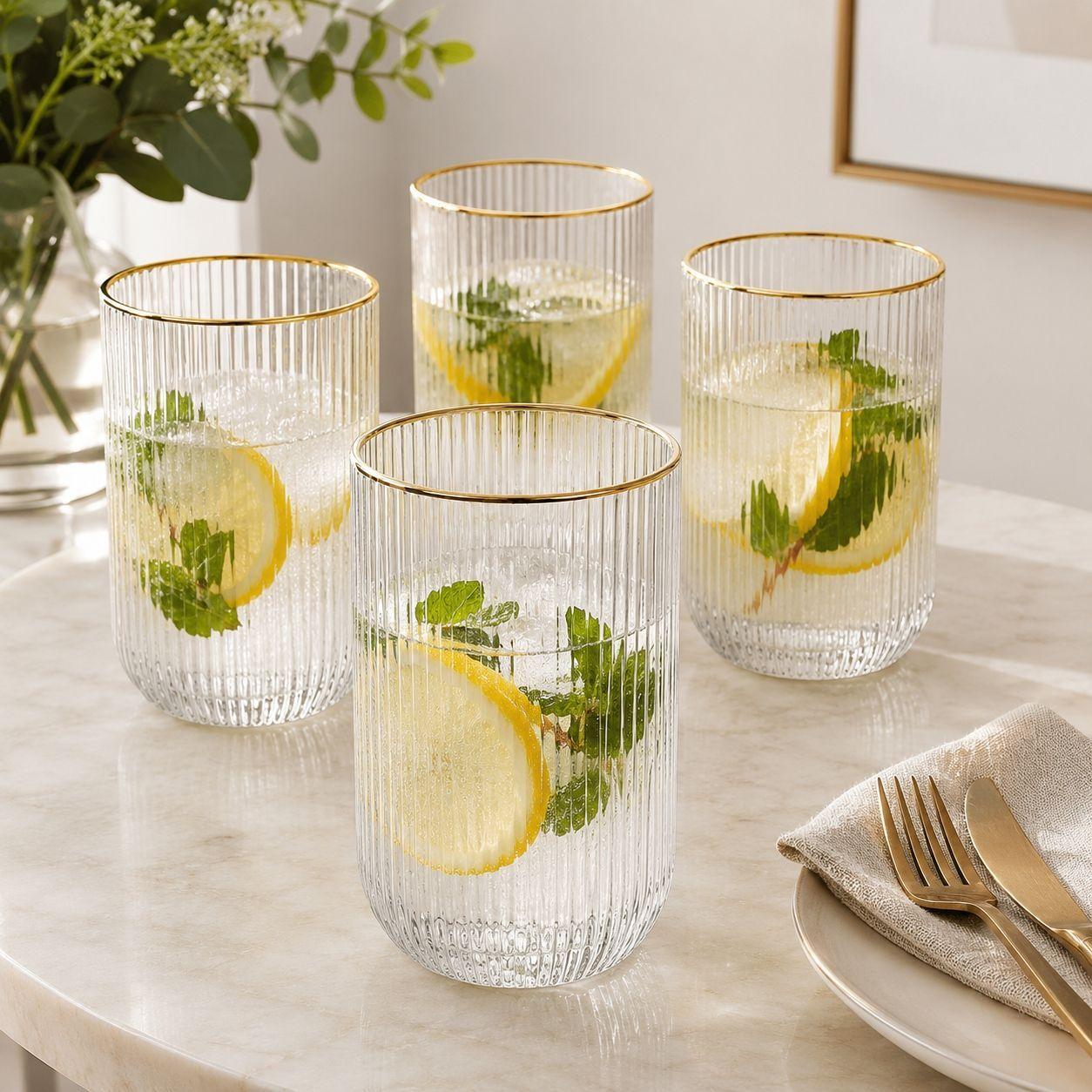Set 6 Vasos Vidrio Borde Dorado Vaso Whisky Acanalado 390ml-3
