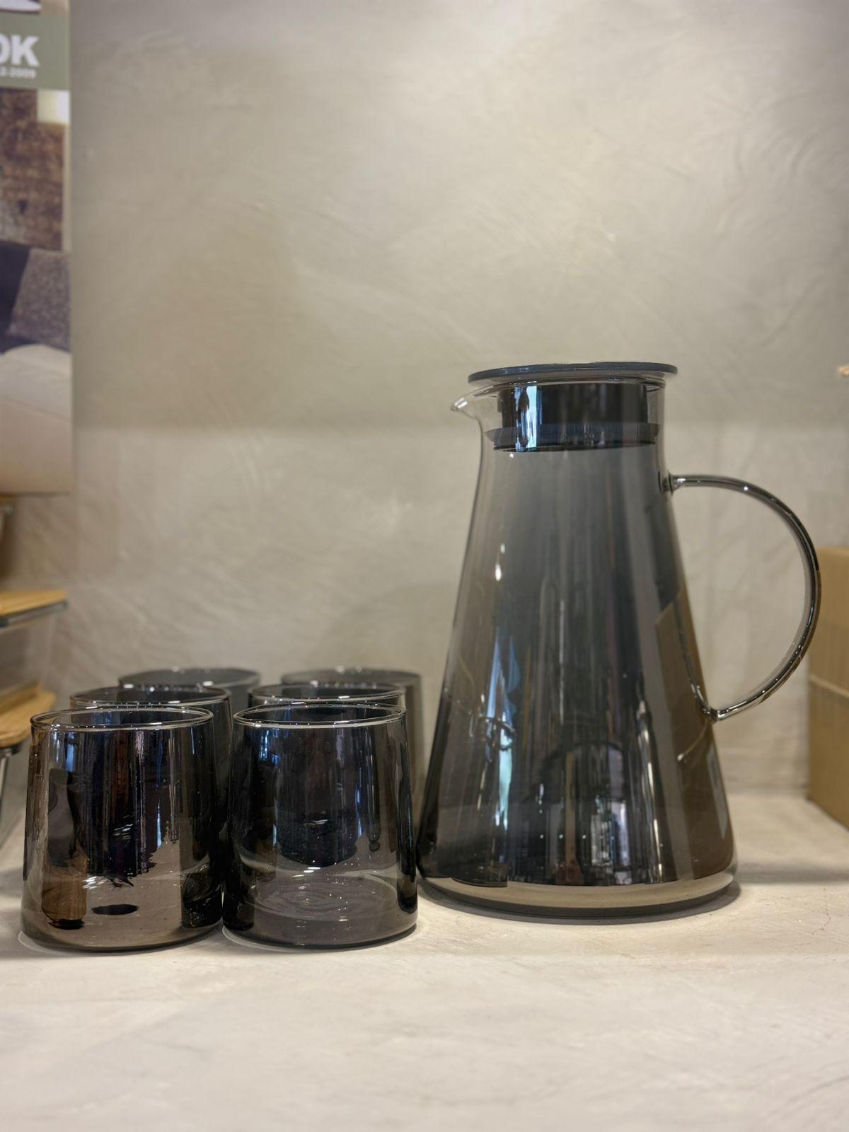 Juego De Jarra De Vidrio Con Tapa 6 Vasos De Cristal Negro-3