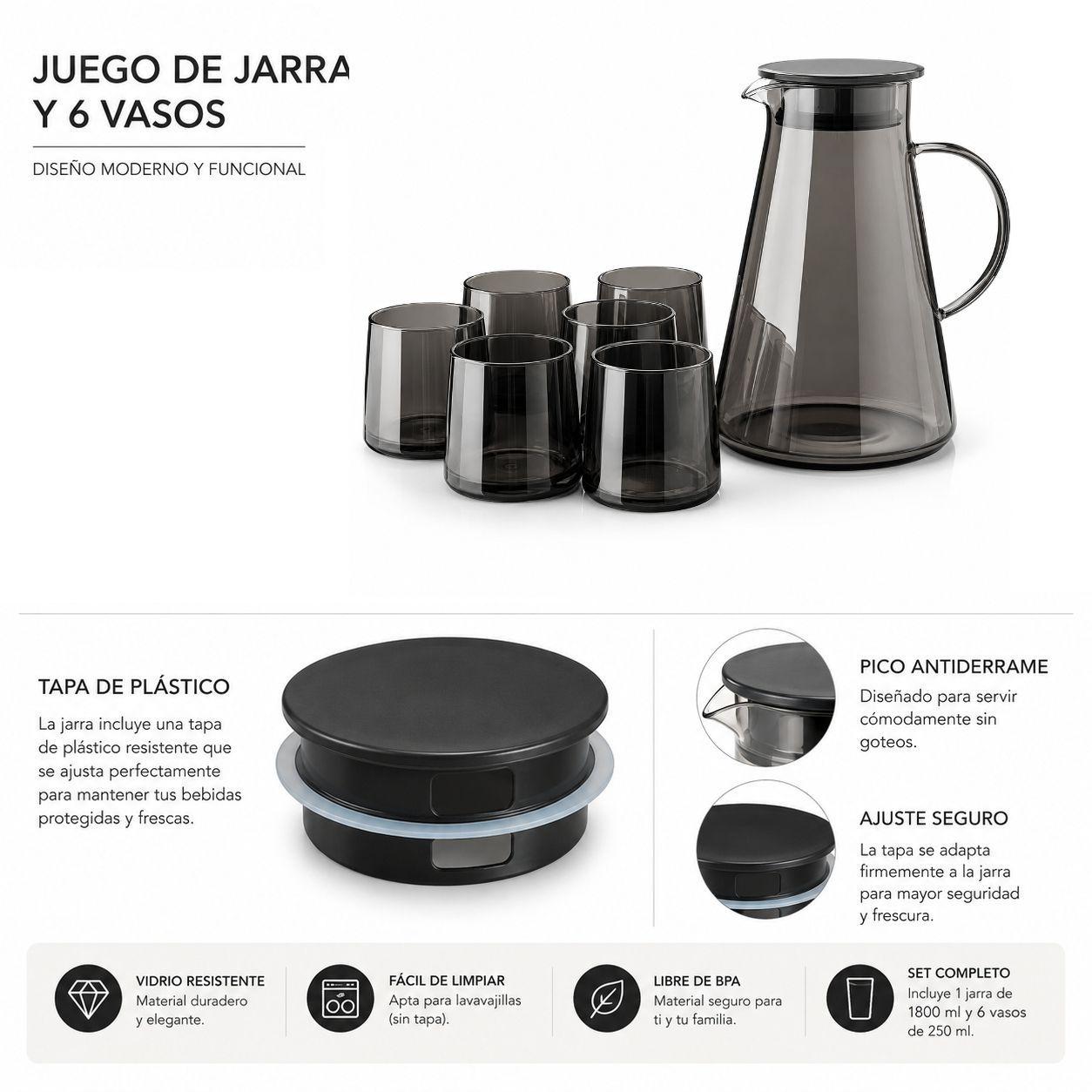 Juego De Jarra De Vidrio Con Tapa 6 Vasos De Cristal Negro-5