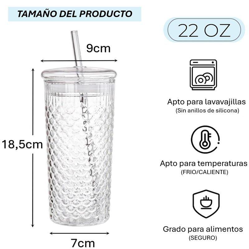 Vaso De Vidrio En Relieve Con Tapa Y Bombilla 650ml WakesHome-3
