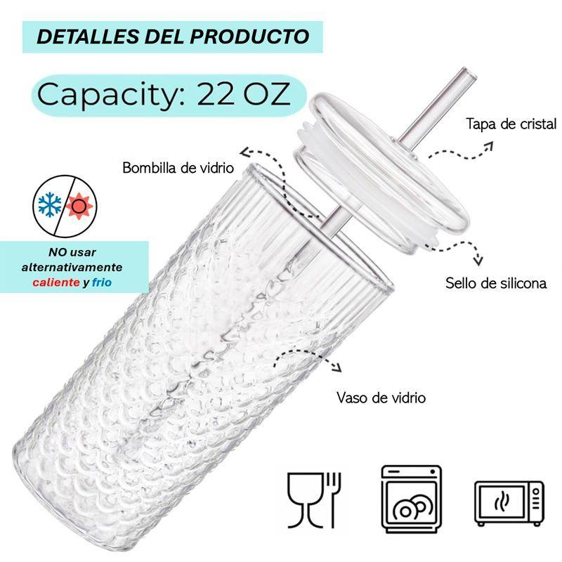 Vaso De Vidrio En Relieve Con Tapa Y Bombilla 650ml WakesHome-4