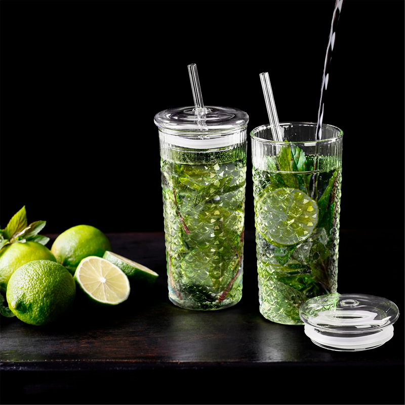 Vaso De Vidrio En Relieve Con Tapa Y Bombilla 650ml WakesHome-6