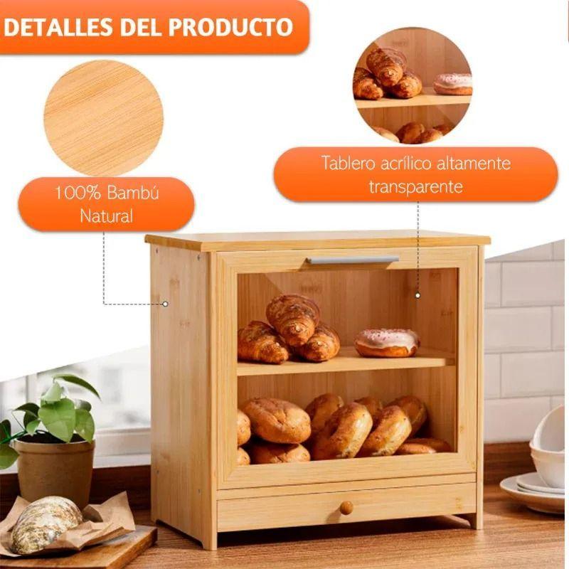 Caja De Pan Panera De Bambu Madera Cocina Decorativa Grande Cuadrada-7