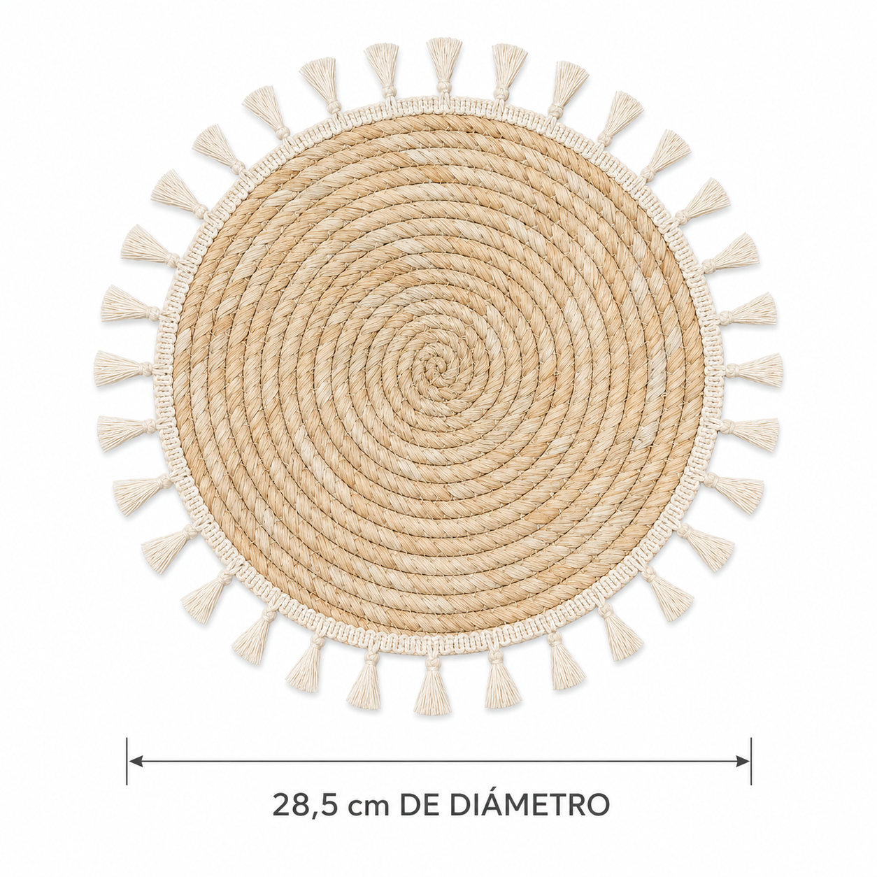 Individual Trenzado Mantel Redondo 30cm Ratan Natural Borlas-3