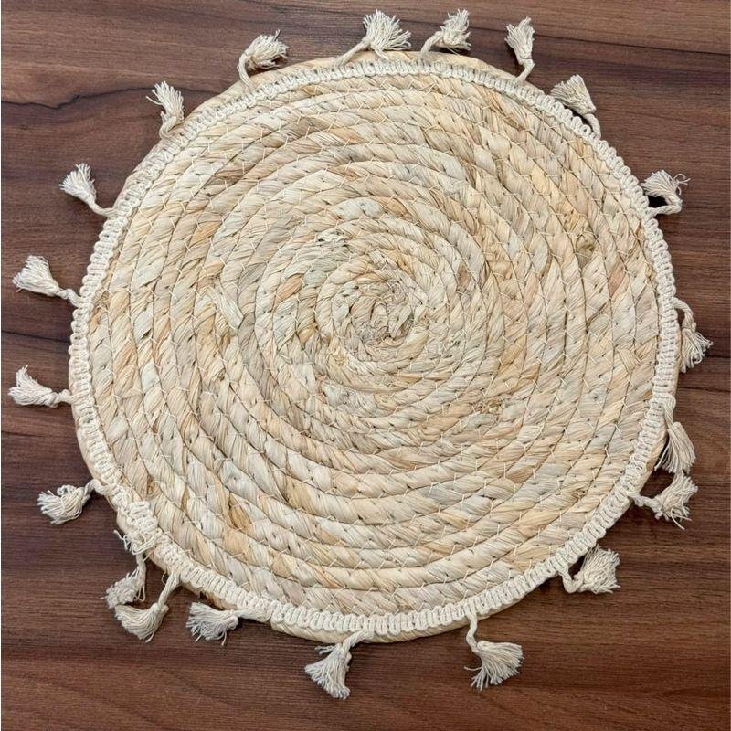 Individual Trenzado Mantel Redondo 30cm Ratan Natural Borlas-4