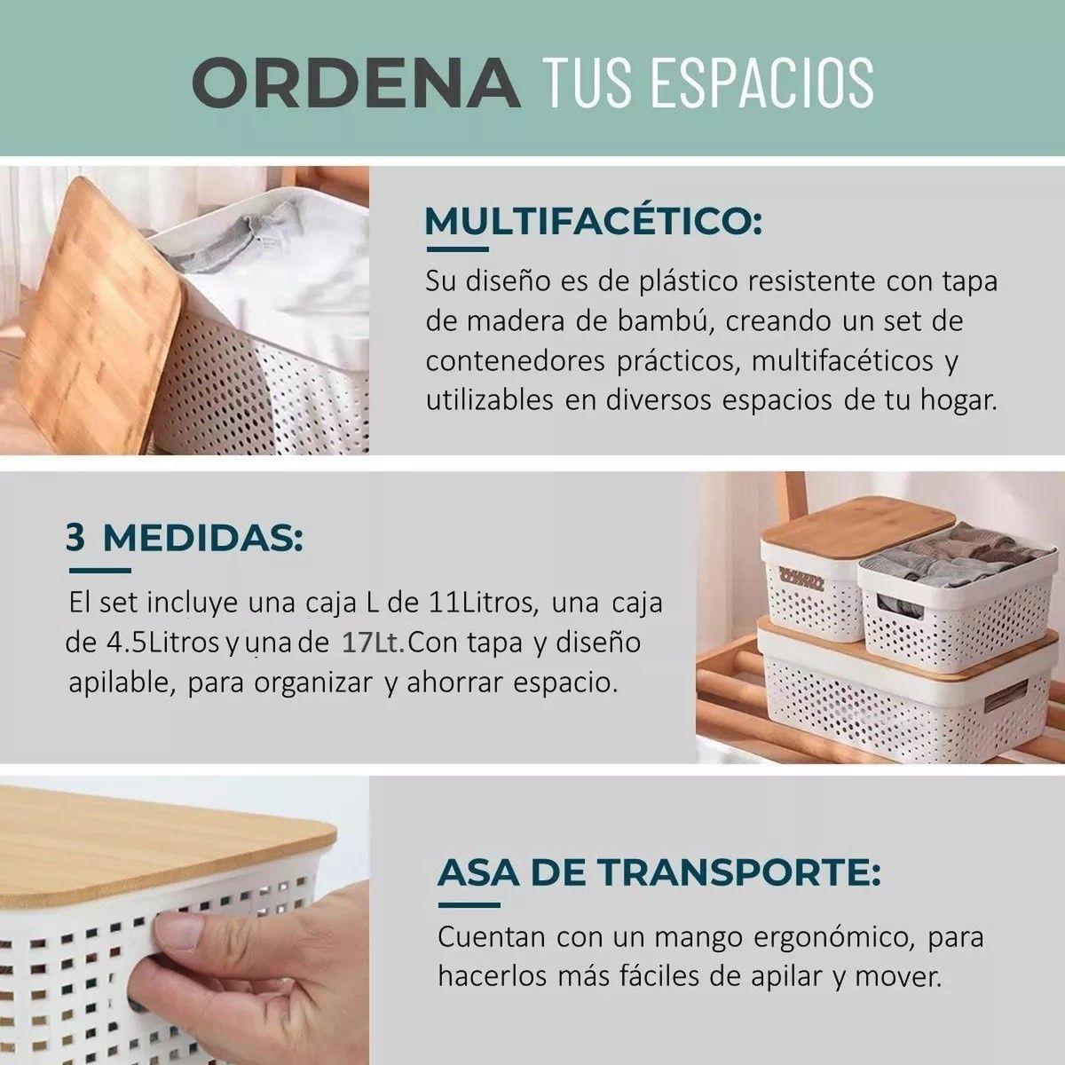 Pack 3 Cajas Organizadoras Tapa Bambu Canastos Multiuso 4.5 Litros-3
