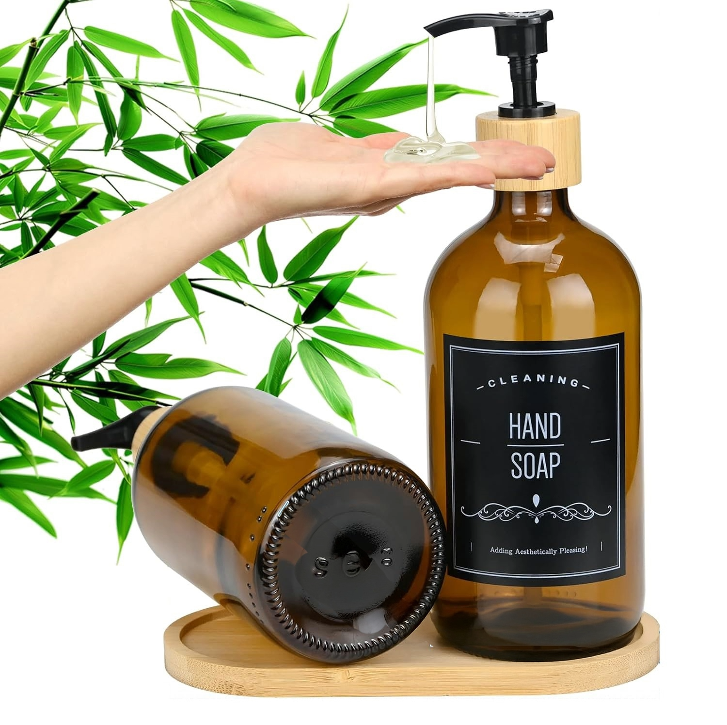 2 Dispensador De Jabon Botella Vidrio Ambar 500 Ml + Bandeja y etiquetas WakesHome-2