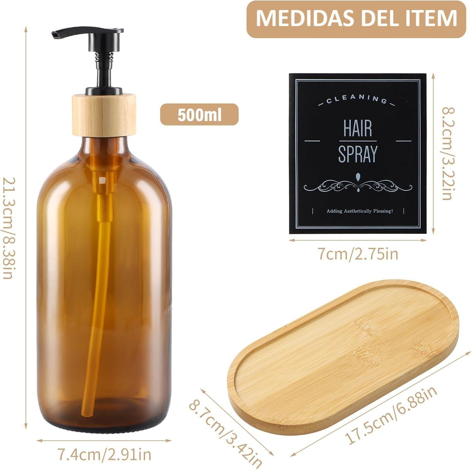 2 Dispensador De Jabon Botella Vidrio Ambar 500 Ml + Bandeja y etiquetas WakesHome-3